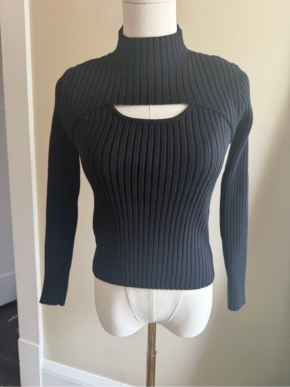 Ribbed Black Cutout Mock Neck Sweater